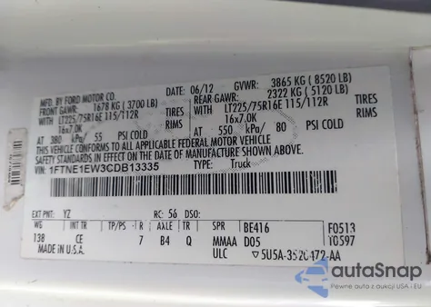 2012 Ford E-150 Commercial z USA, uszkodzony, nr VIN 1FTNE1EW3CDB13335